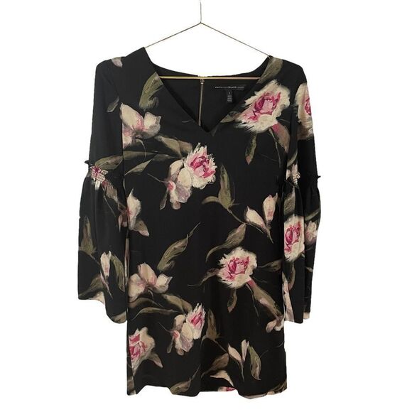 WHITEHOUSE BLACKMARKET Long-Sleeve Black Floral Bell-Sleeve Shift Dress Size 2 - Picture 4 of 9